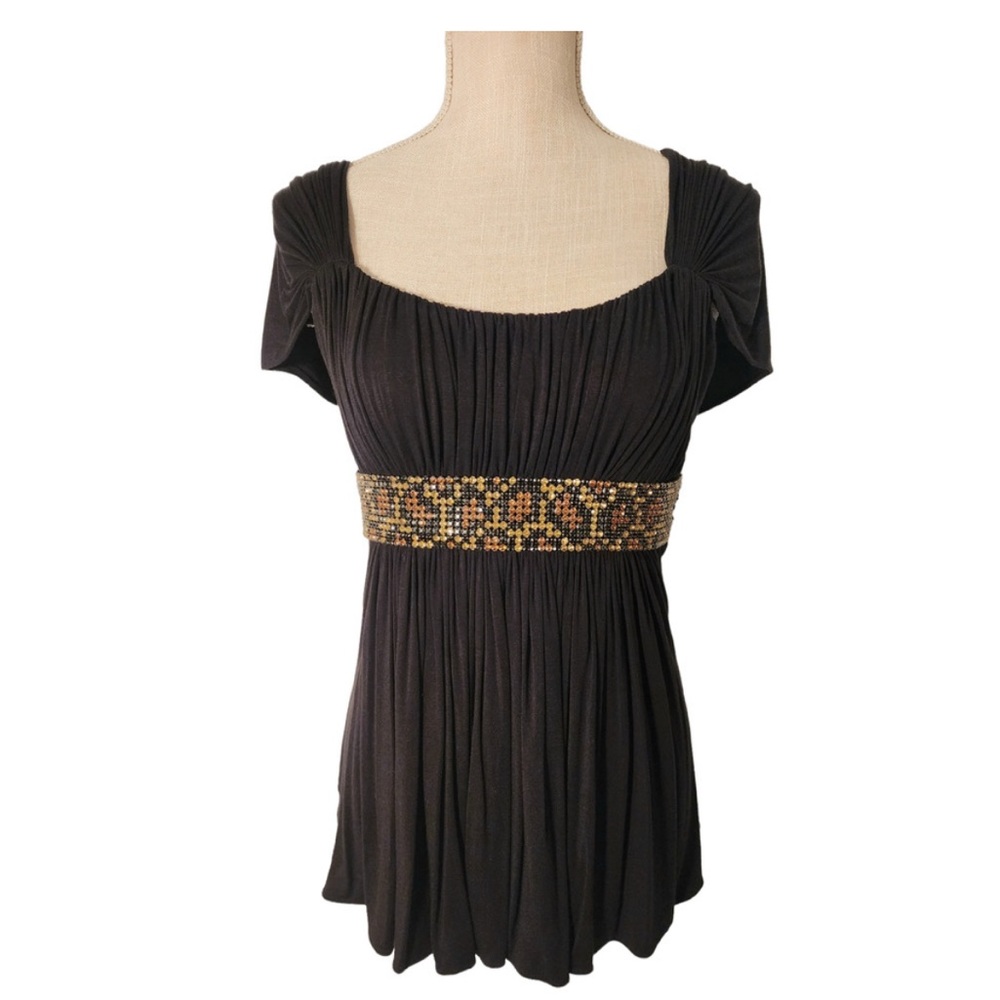 Sky Black Leopard Rhinestone Empire Waist Top NWT Size Small